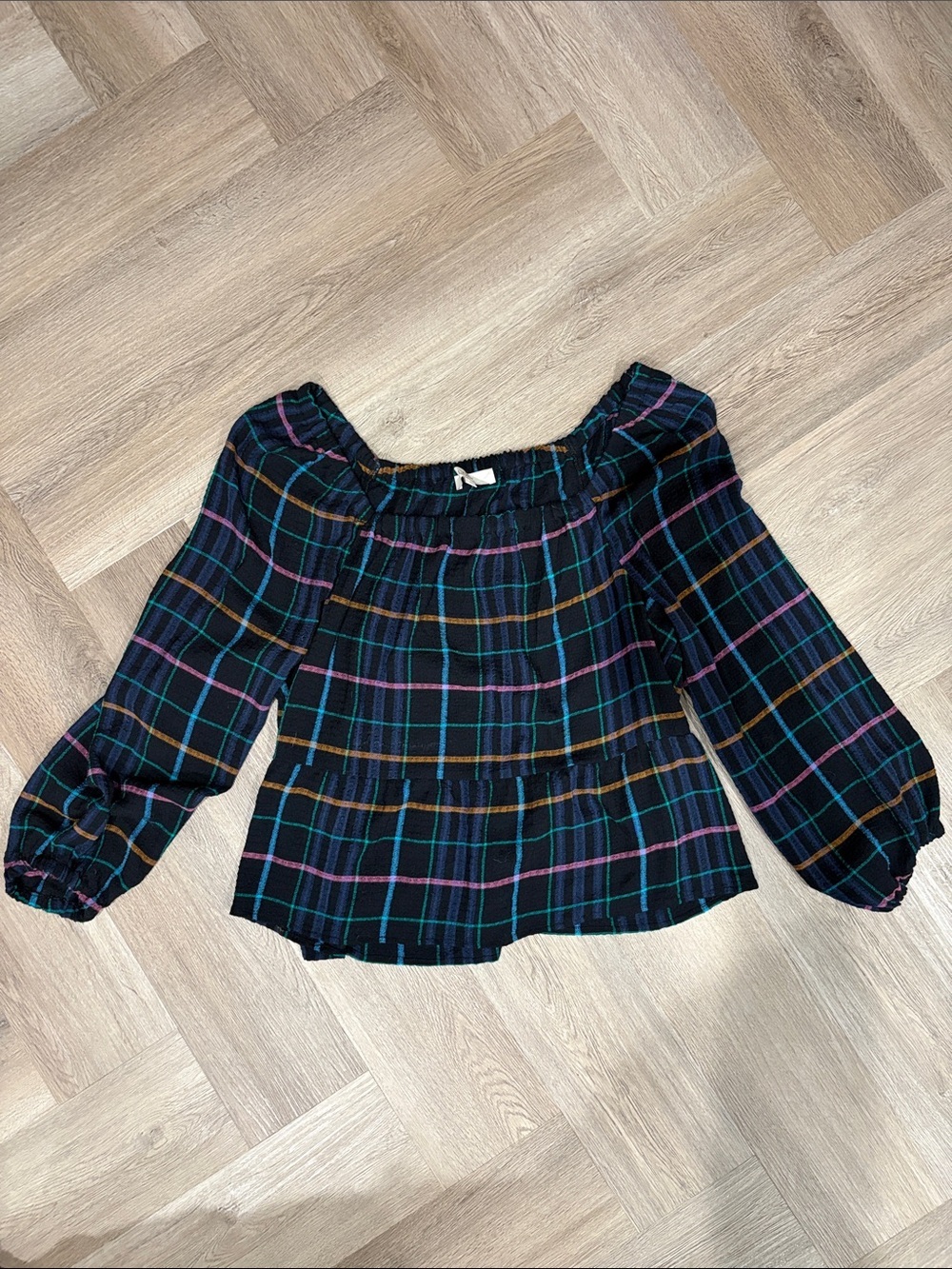 LOFT Black Navy Plaid Off Shoulder Peplum Long Sleeve Blouse Large
